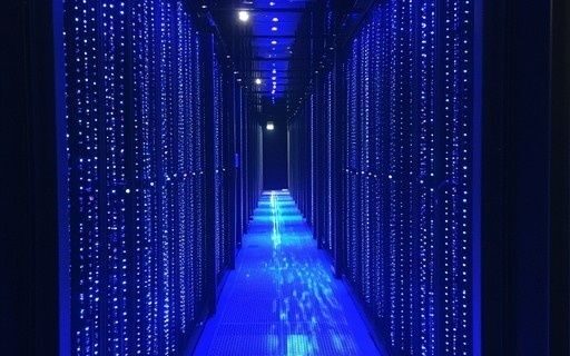 Blau beleuchteter Korridor zwischen dicht bestückten Serverracks