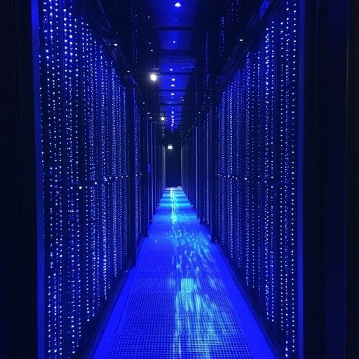Blau beleuchteter Korridor zwischen dicht bestückten Serverracks